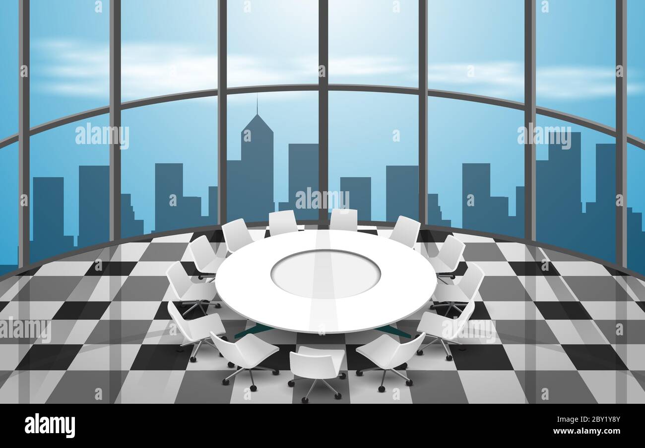 white round conference table and chairs in the meeting room on the high building Stock Vector