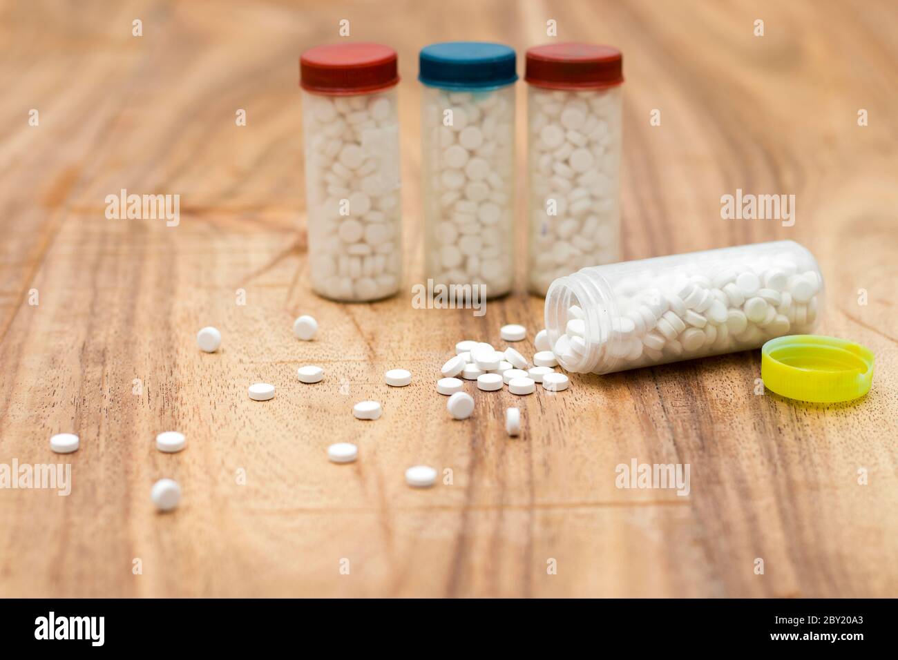 selective focus of homeopathic medicine bottle.world homeopathy day. Stock Photo