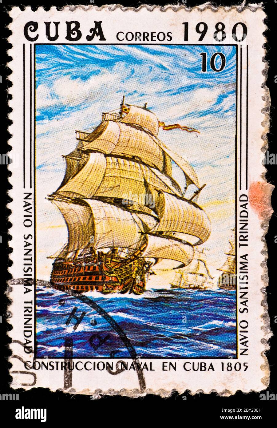 postage stamp shows battleship Santisima Trinidad Stock Photo