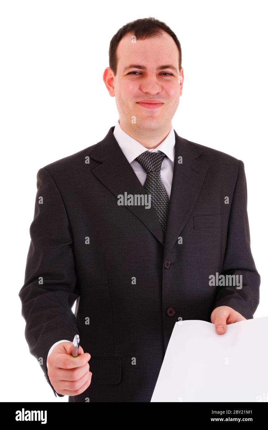 smiling businessman offer sign paper Stock Photo