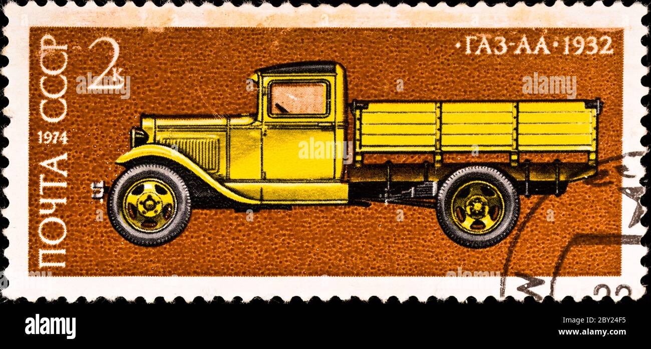postage stamp shows vintage car GAZ-AA Stock Photo