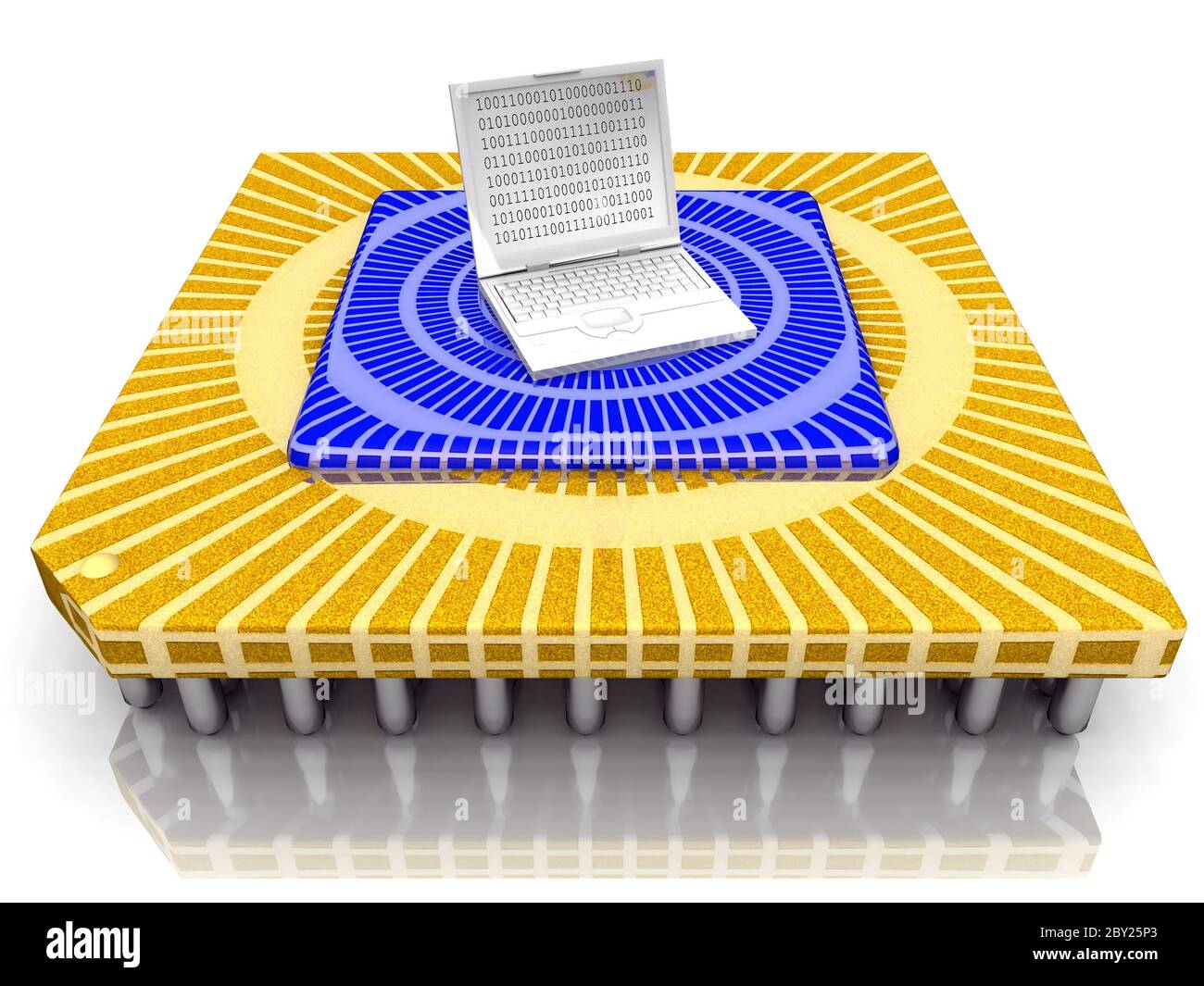 Open laptop on huge computer chips Stock Photo
