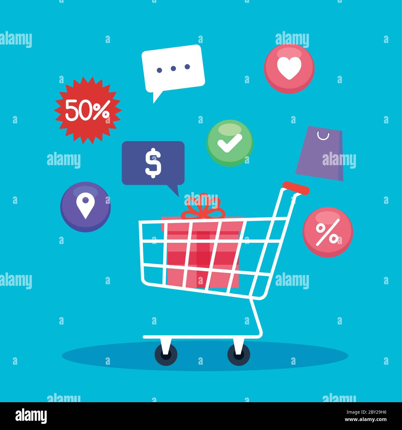 Gift inside shopping cart and icon set vector design Stock Vector