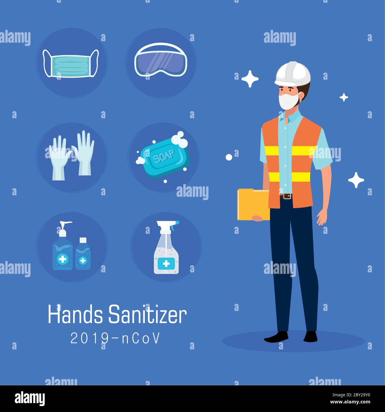 Engineer with mask and hands sanitizer prevention tips vector design Stock Vector