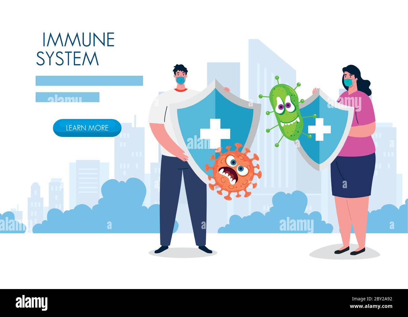 Woman and man with masks shields and cartoons vector design Stock