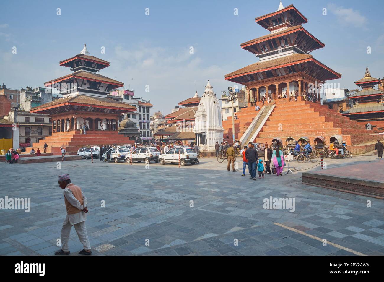 Pre-earthquake Durbar Square (Hanuman Dhoka), Kathmandu, Nepal, with Maju Deval (r) and Lakshmi Narayan Temple (l), both destroyed in the  2015 quake Stock Photo
