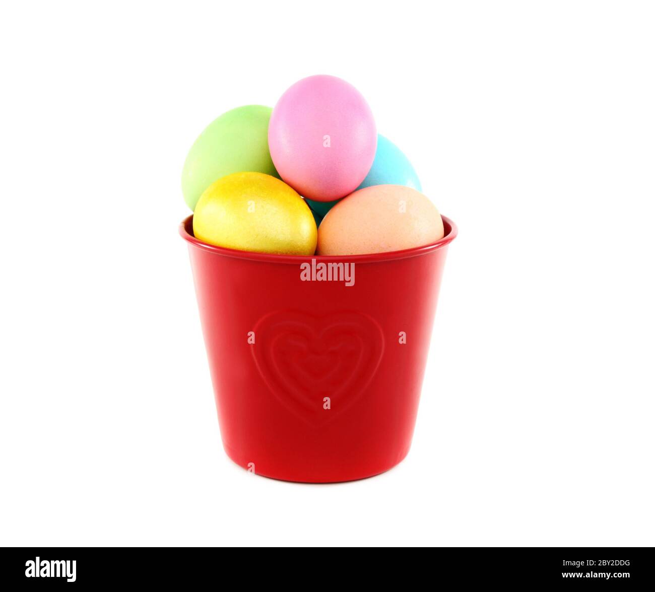 Colorful Easter eggs in a red bucket. Stock Photo