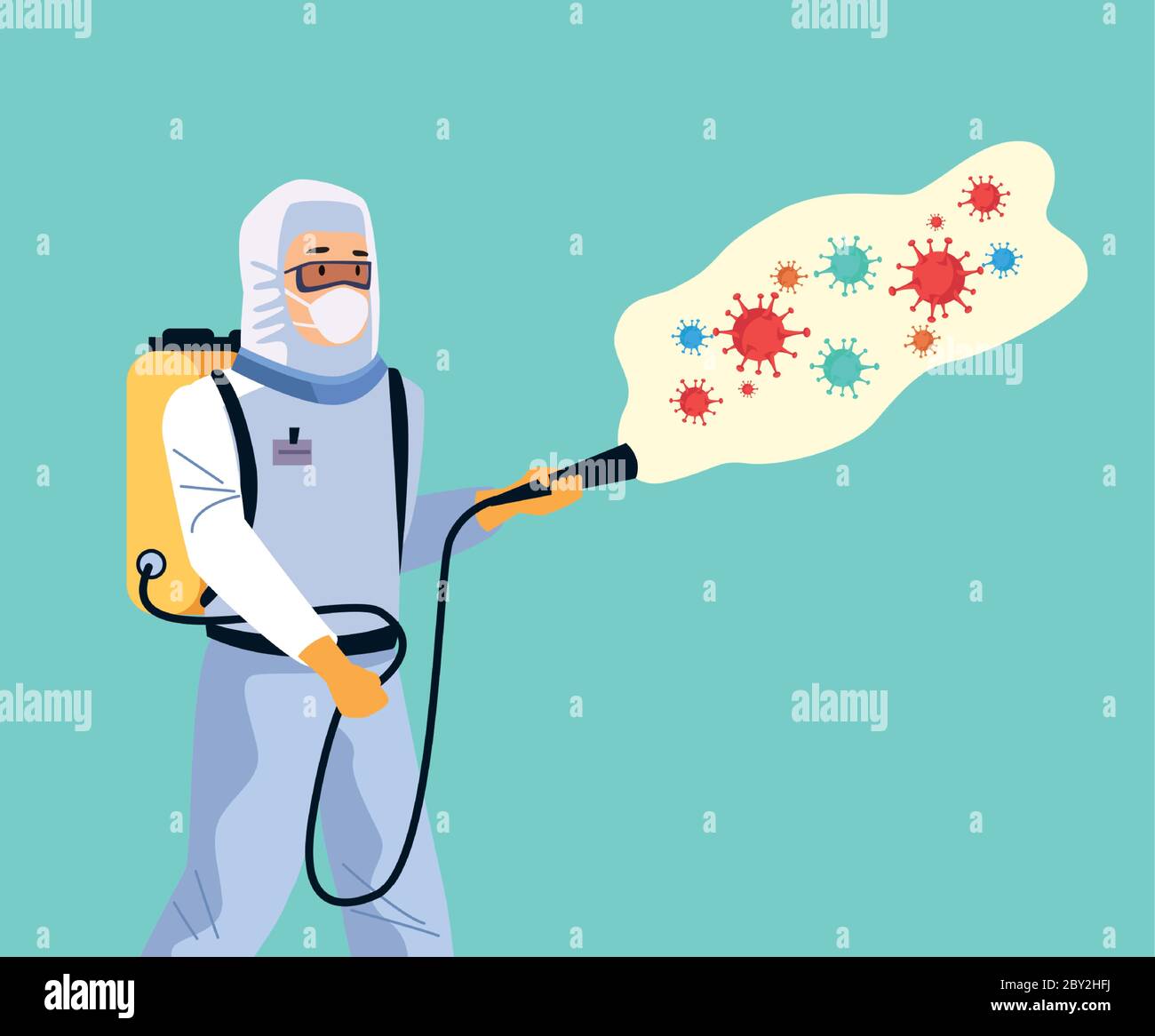 biosafety worker with sprayer disinfectant and covid19 particles vector