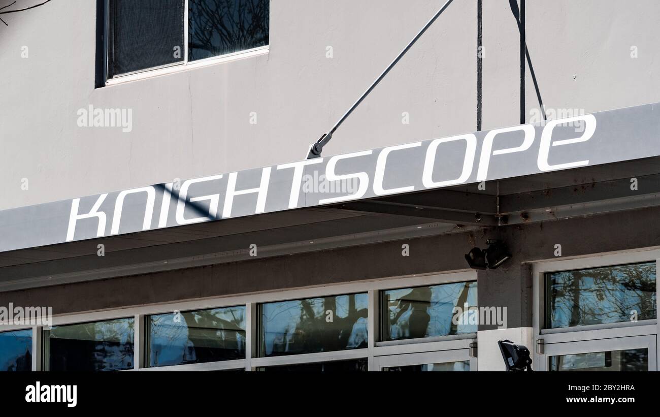 April 3, 2020 Mountain View / CA / USA - Knightscope logo at their headquarters in Silicon Valley; Knightscope, Inc. is an American security camera co Stock Photo