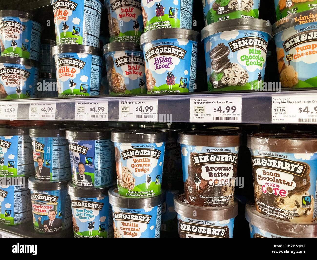 Nov 21, 2019 Santa Clara / CA / USA - Ben & Jerry's ice-cream tubs displayed in a supermarket freezer; Ben & Jerry's Homemade Holdings Inc is a fully Stock Photo