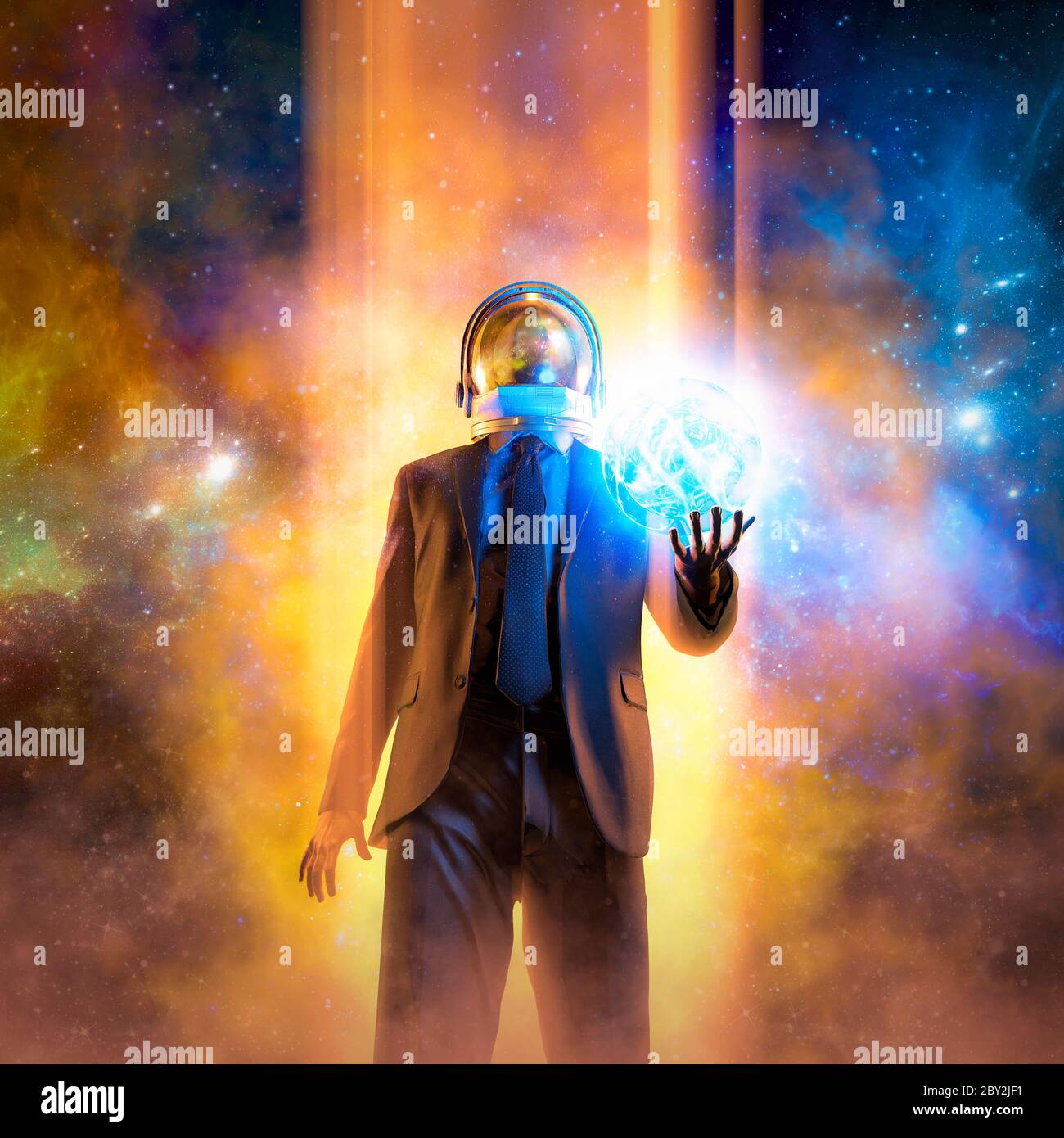 Night of the magician / 3D illustration of suited male figure with astronaut helmet conjuring glowing ball of energy in outer space Stock Photo