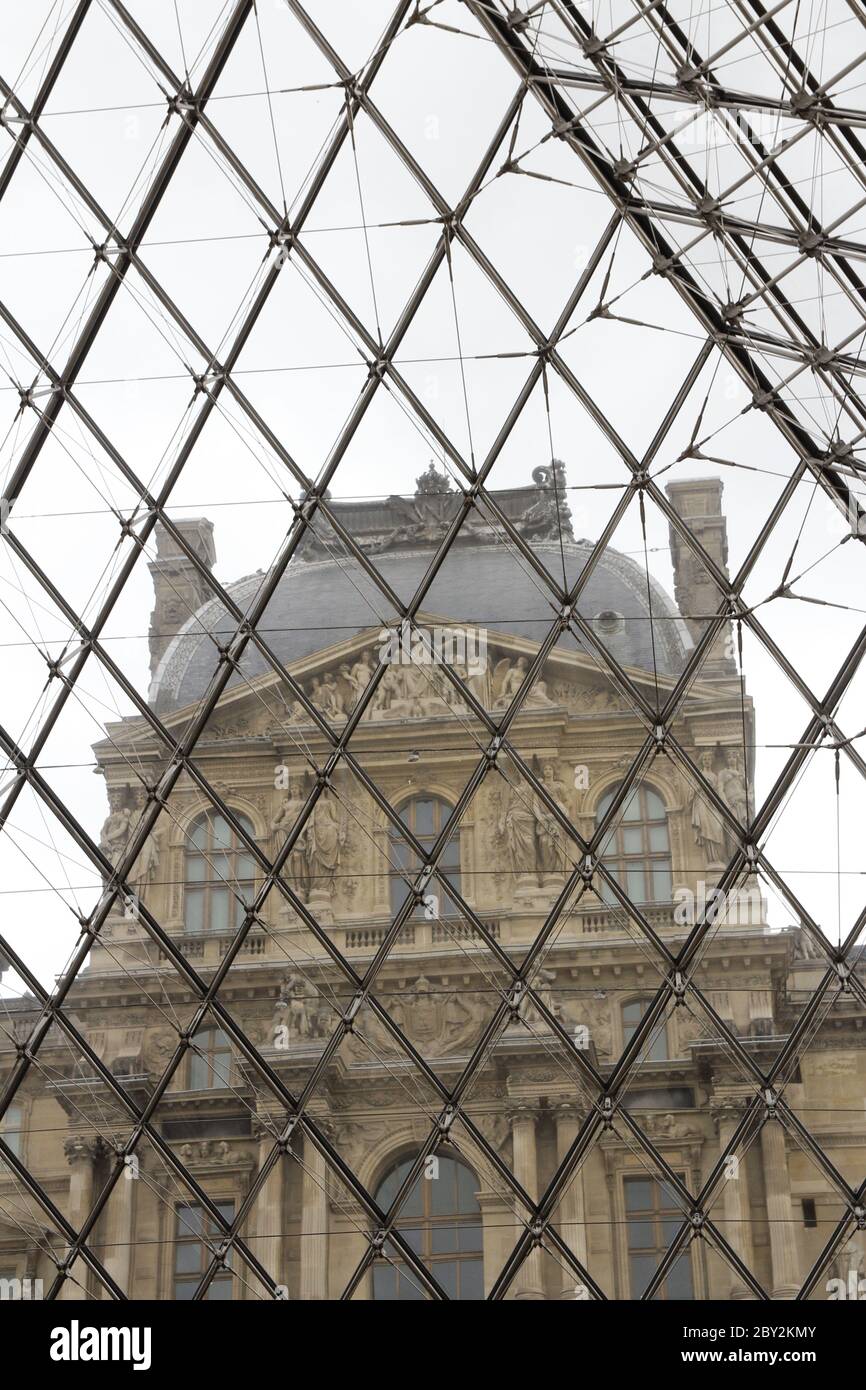 Paris, France - May 18, 2019: View of the Louvre Museum from the underground lobby of the Pyramid Stock Photo