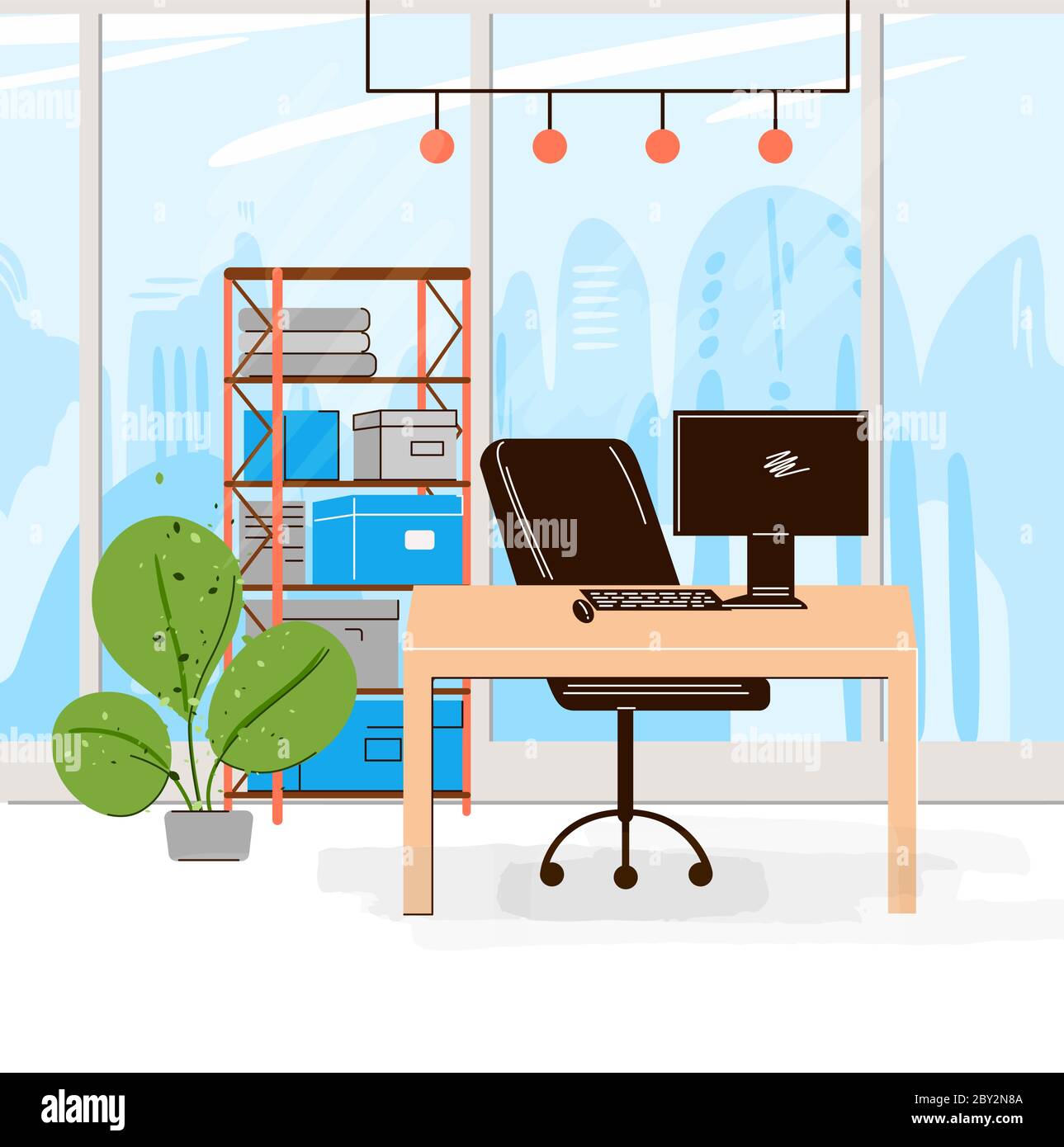 Vector Flat Collection of Creative Workplace with Modern Open Space and Empty Office Interior - Business and Contemporary Co-Working Illustraton. flat Stock Vector