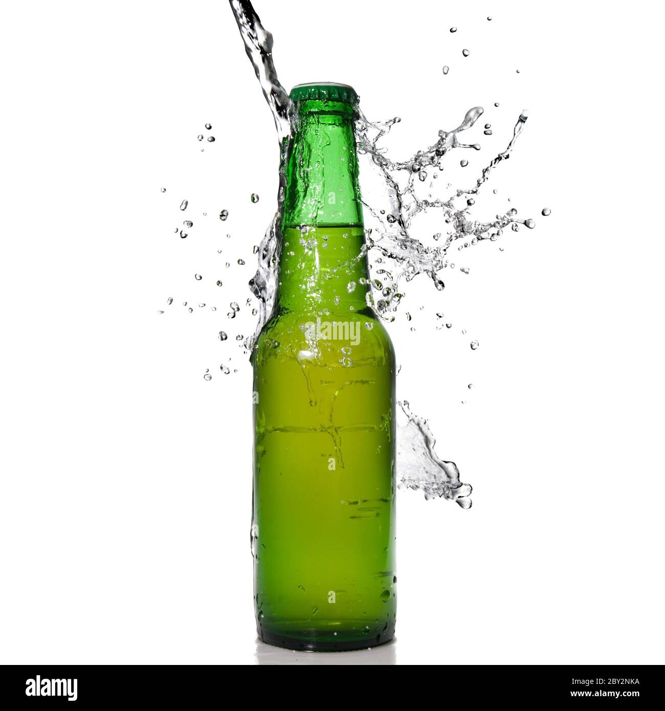 Green beer bottle with water splash isolated on white Stock Photo Alamy