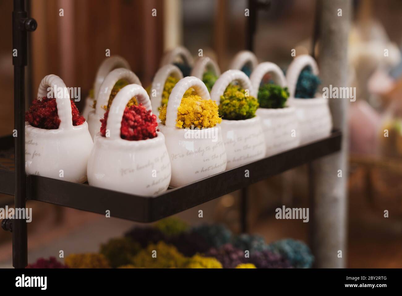 Close up image of mini small colorful plant decorations on a white ceramic flower vase. Decorative flowers displayed on a black shelf. Stock Photo
