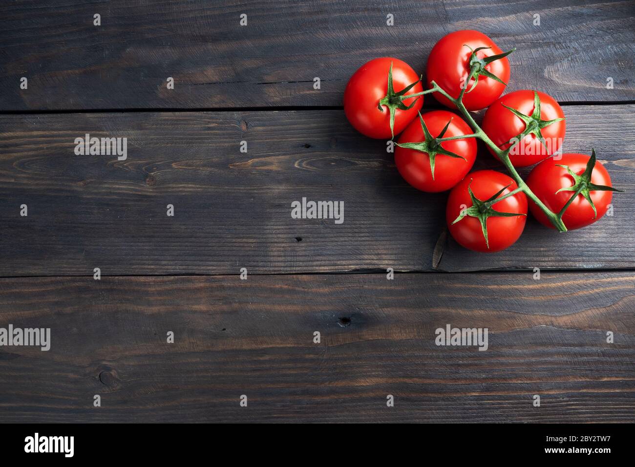 Cherry tomatoes on a branch. Fresh juicy red tomatoes on a dark wooden background. Copy space Stock Photo