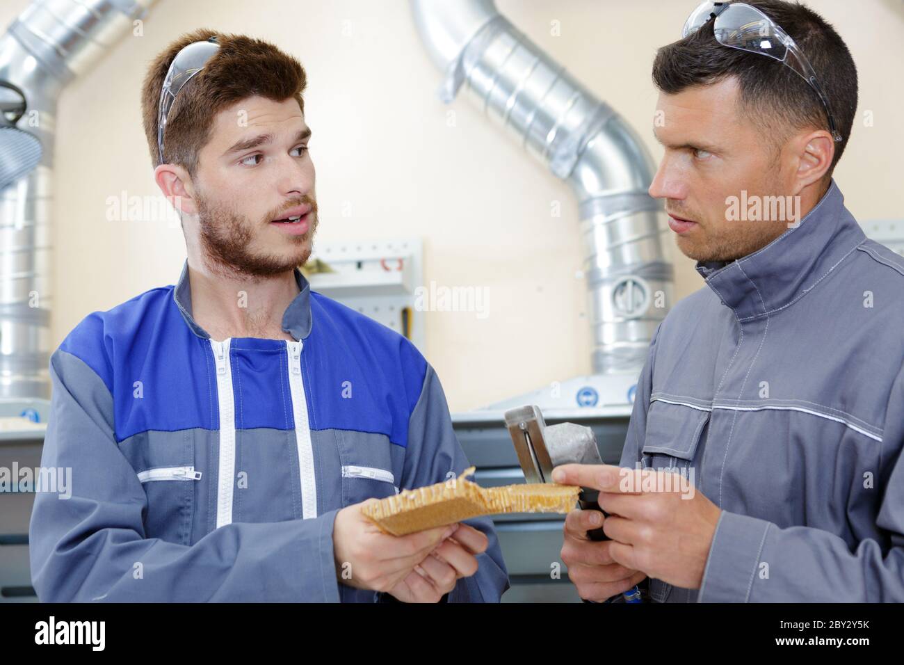 two builders installing an insulated wooden wall panel Stock Photo Alamy