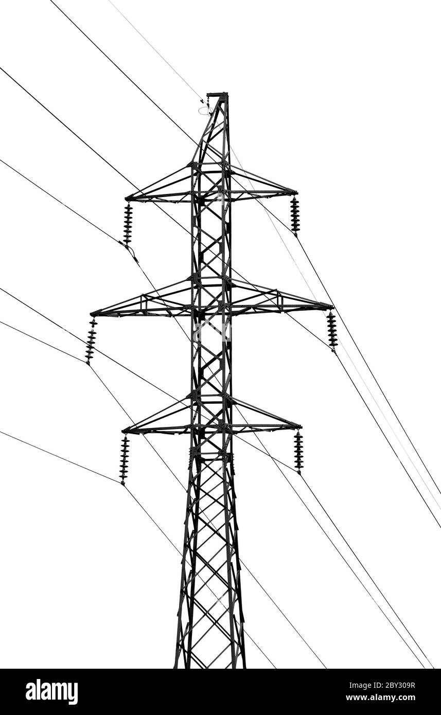 High-tension power line on white isolated background Stock Photo