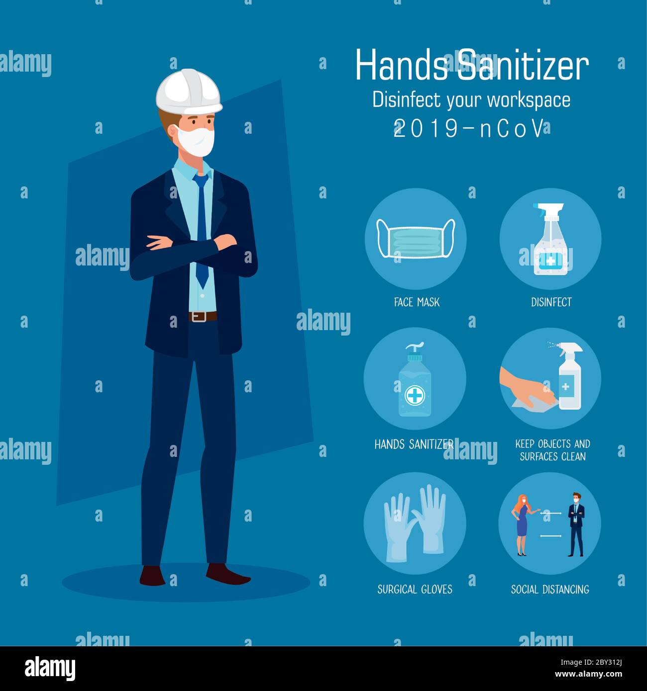 Engineer with mask and hands sanitizer prevention tips vector design Stock Vector
