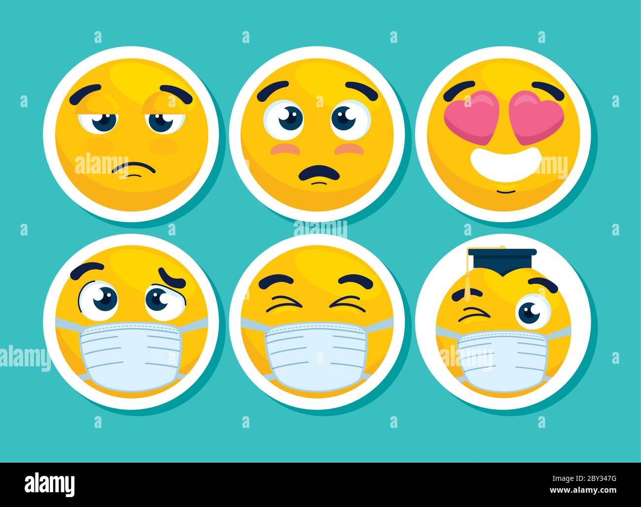 set of emoji wearing medical masks, yellow faces with a white surgical ...