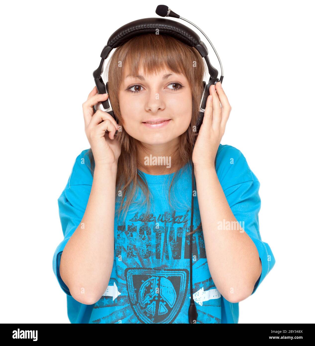 Girl in earphone smiles, portrait Stock Photo Alamy