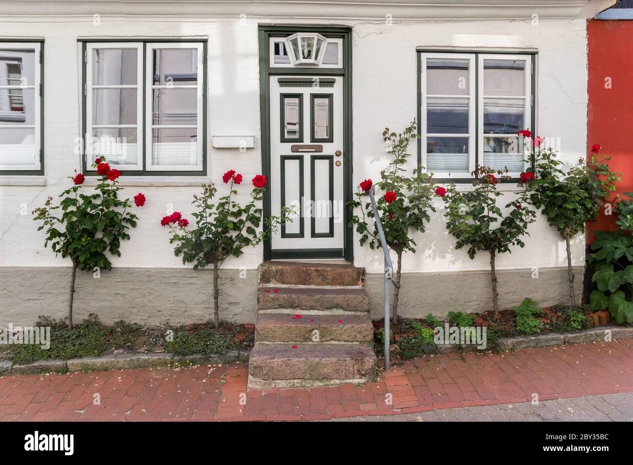 Little white house with red roses in Schleswig, Germany Stock Photo