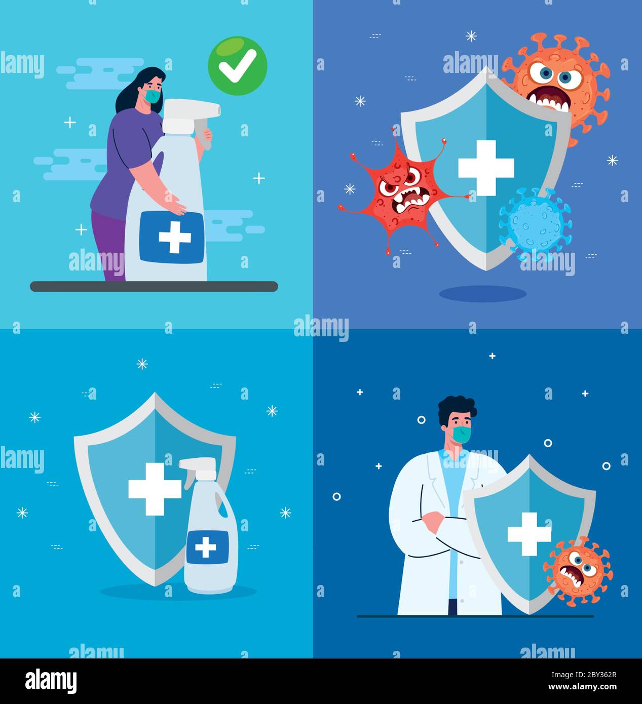 woman and male doctor with mask hands sanitizer and shields vector design Stock Vector