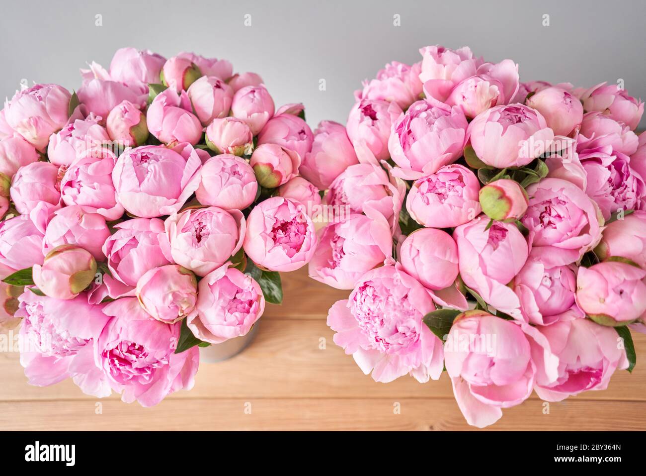 Two vases with peonies for Flowers delivery. Pink Angel Cheeks peonies in a metal vase. Beautiful peony flower for catalog or online store. Floral Stock Photo