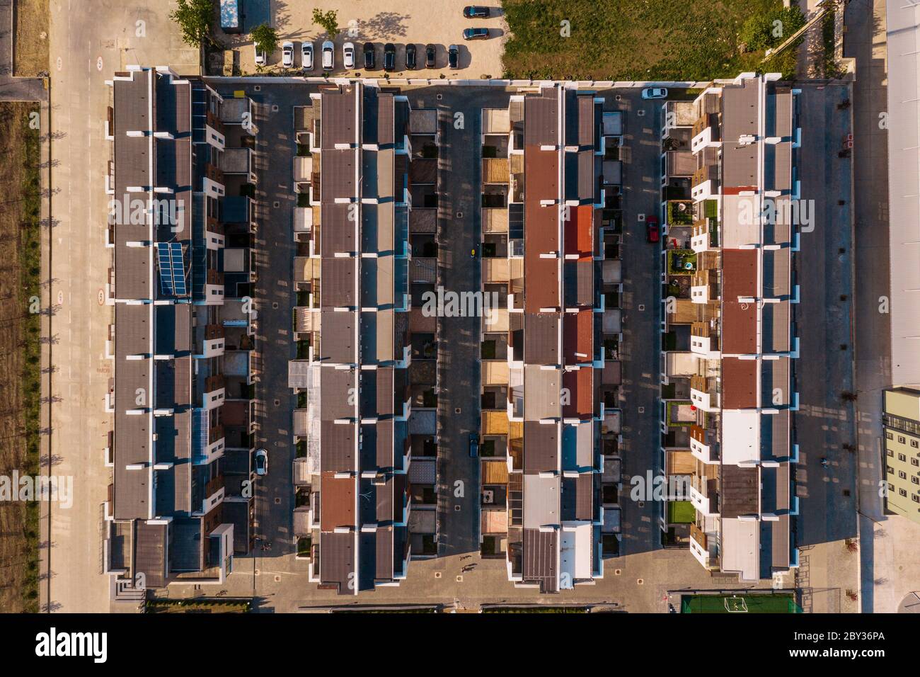 Top down aerial view of urban town houses in a residential area Stock