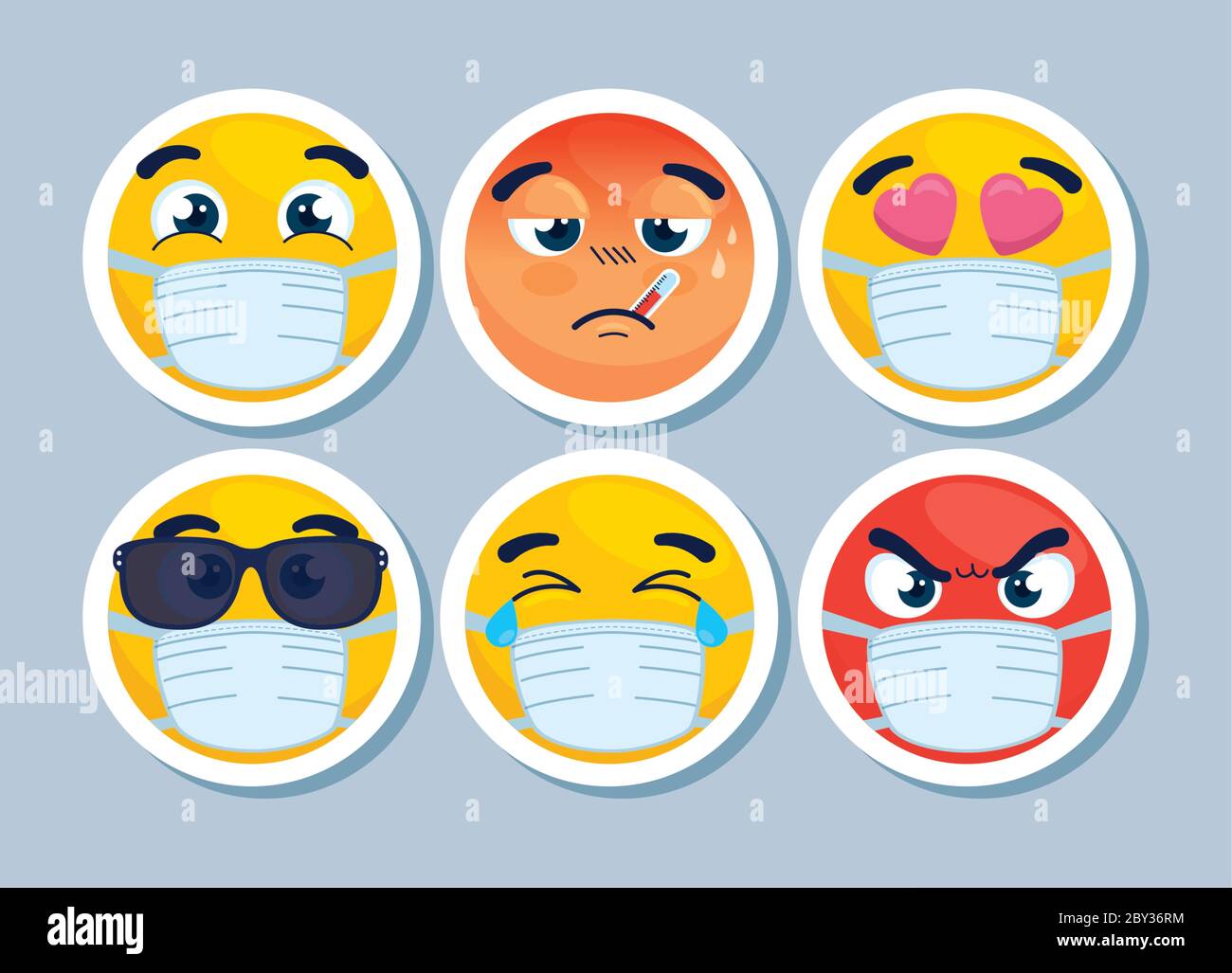 set of emoji wearing medical masks, yellow faces with a white surgical ...