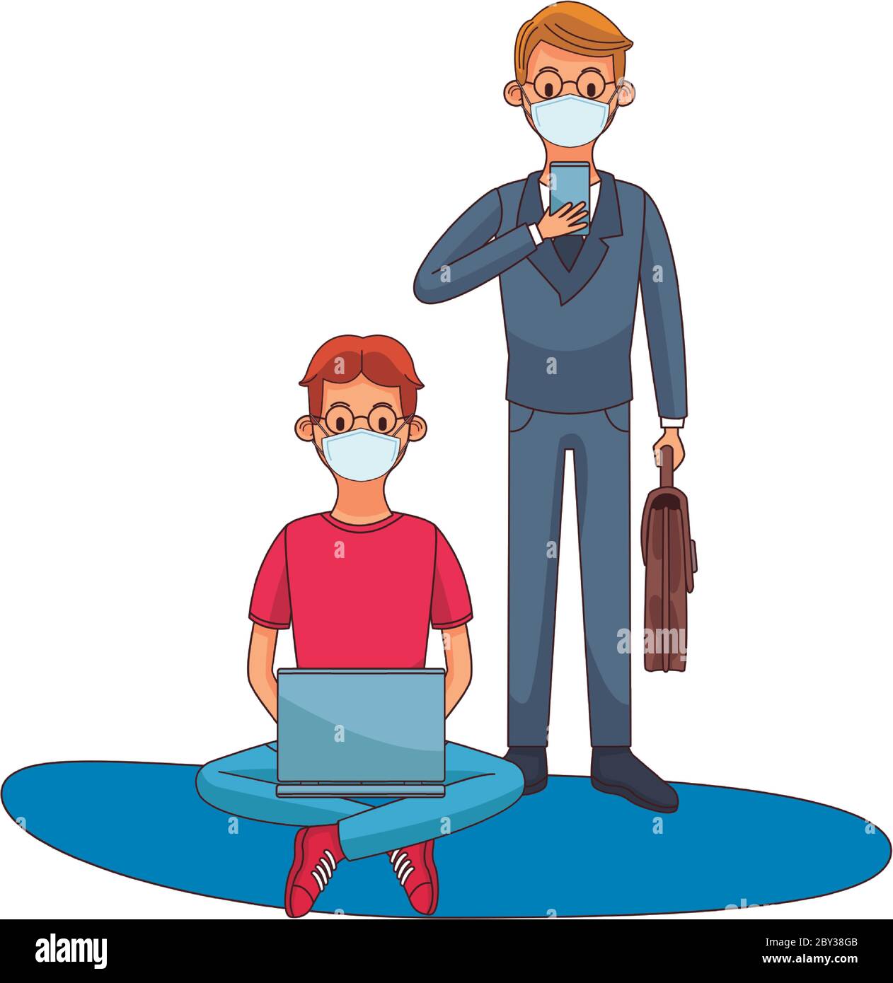 young men wearing medical masks using technology characters vector
