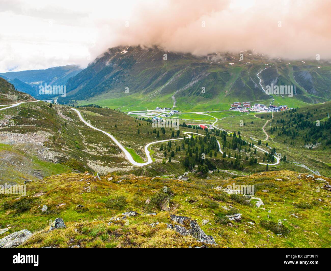 Alpine ski resort Kuthai in summer season after rainy day, Austria Stock Photo