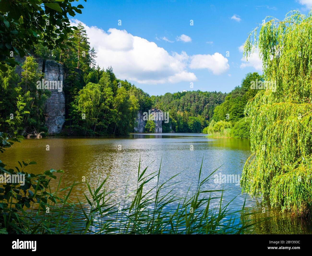 Beautiful lake and sandstone towers in Bohemian Paradise, or Cesky Raj, on sunny summer day, Czech Republic Stock Photo