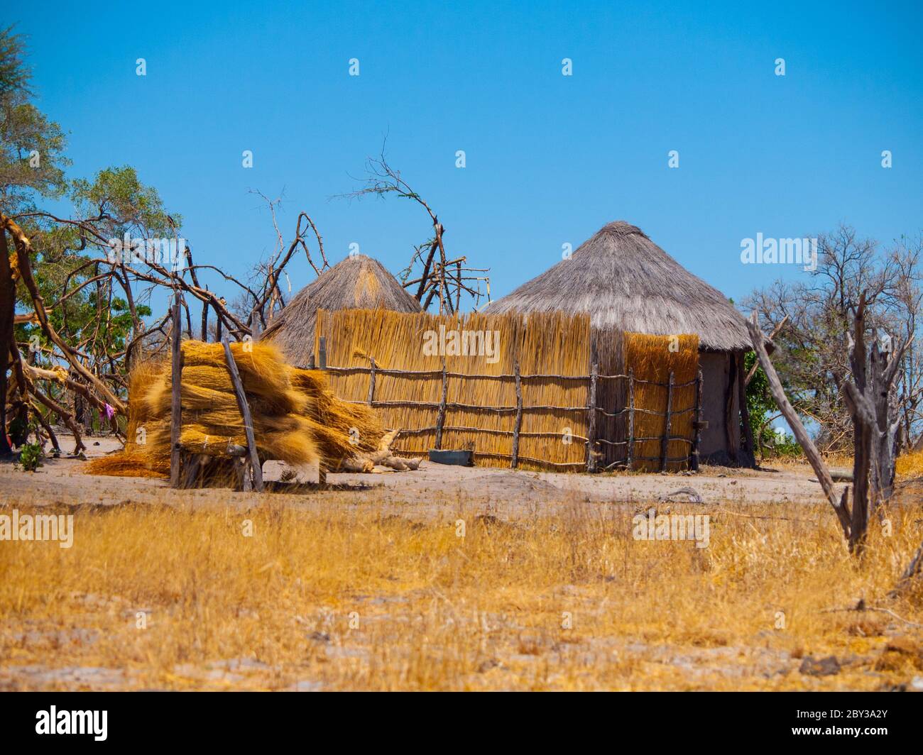 Strawy huts of african village in Botswana Stock Photo