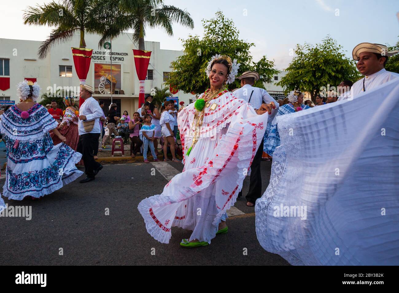 Panamanians on the annual event 'El desfile de las mil polleras' in Las Tablas, Los Santos province, Republic of Panama. Stock Photo