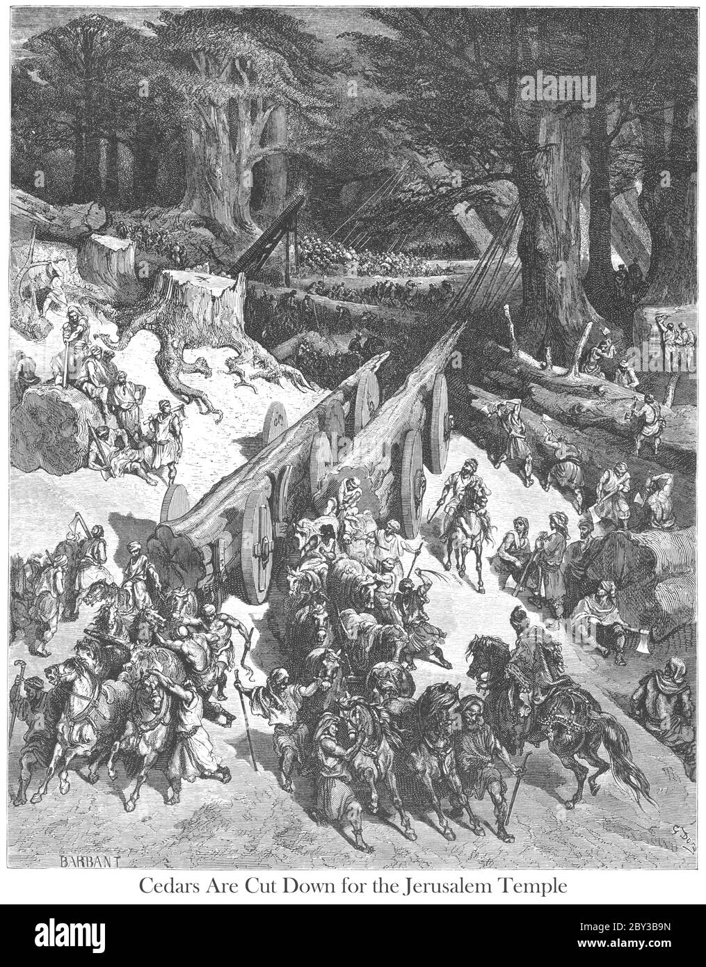 Cutting Down Cedars [of Lebanon] for the Construction of the Temple [in Jerusalem] 1 Kings 5:5-6 From the book 'Bible Gallery' Illustrated by Gustave Dore with Memoir of Dore and Descriptive Letter-press by Talbot W. Chambers D.D. Published by Cassell & Company Limited in London and simultaneously by Mame in Tours, France in 1866 Stock Photo