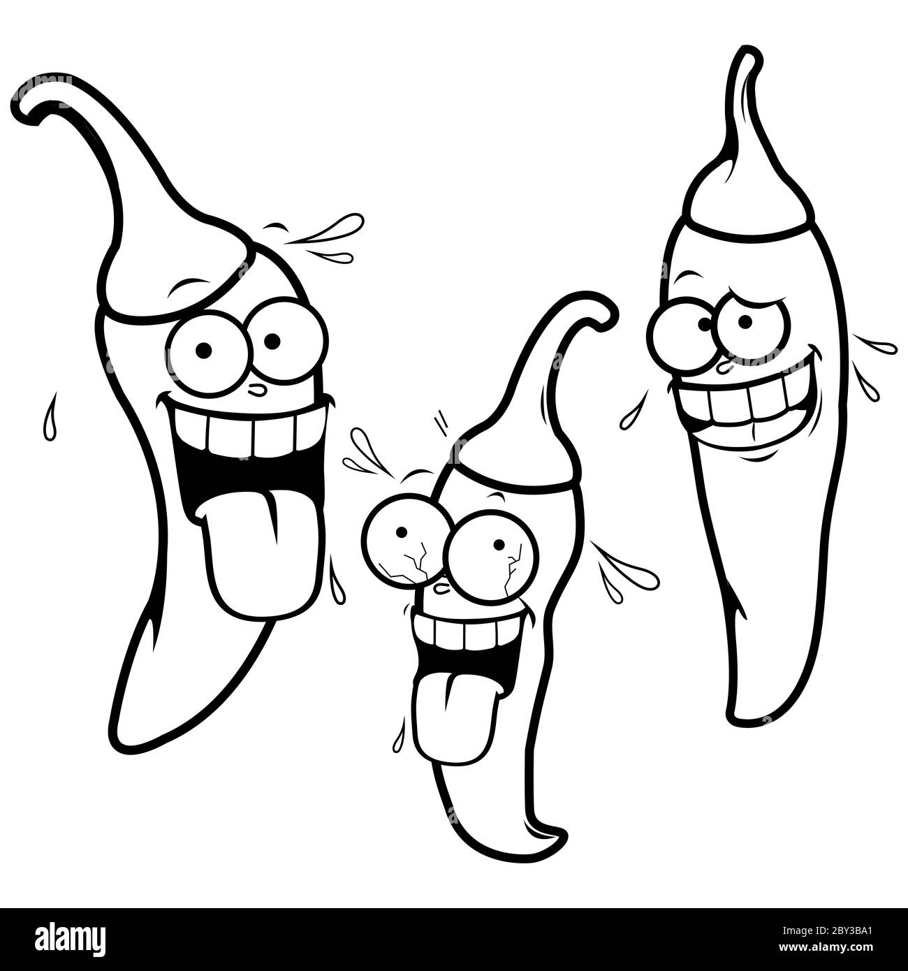 Cartoon hot chili peppers. Black and white coloring page Stock Photo