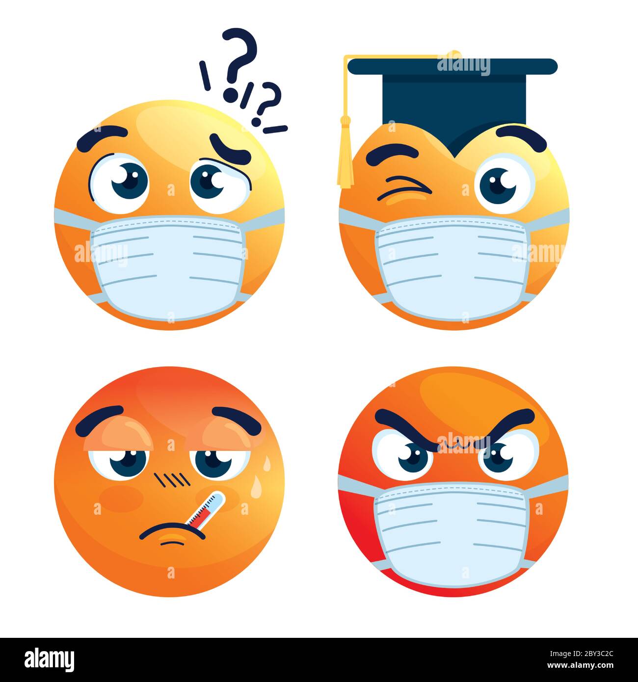 set of emoji wearing medical mask, yellow faces with a white surgical ...