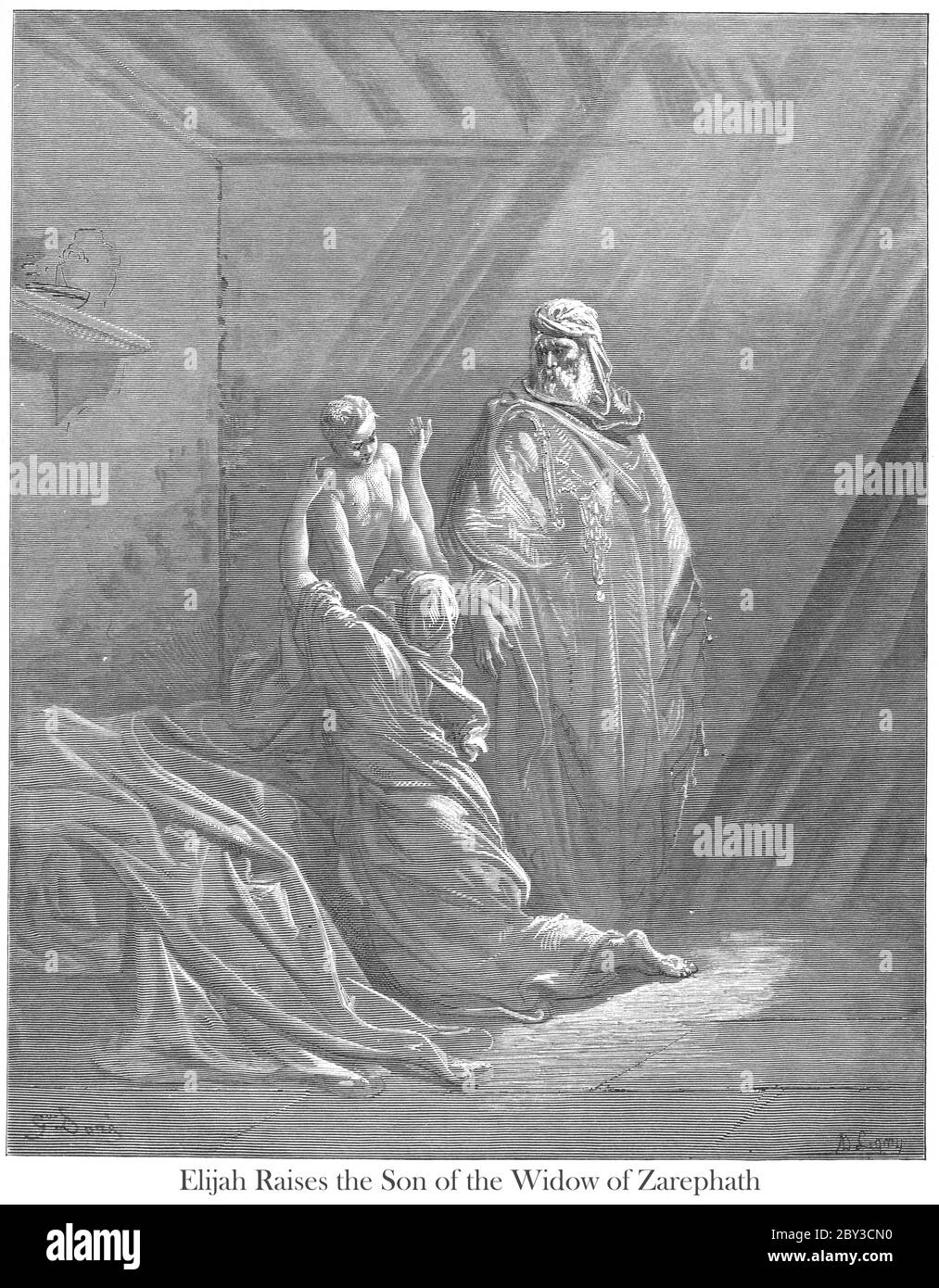 Elijah Raises the Son of the Widow of Zarephath 1 Kings 17:22-23 From the book 'Bible Gallery' Illustrated by Gustave Dore with Memoir of Dore and Descriptive Letter-press by Talbot W. Chambers D.D. Published by Cassell & Company Limited in London and simultaneously by Mame in Tours, France in 1866 Stock Photo
