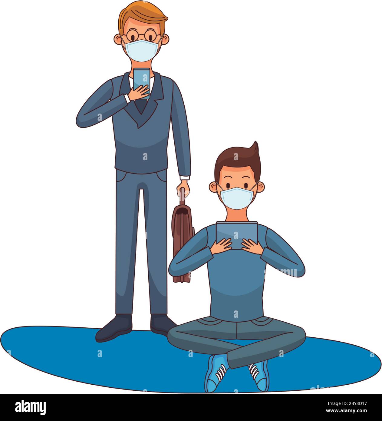 young men wearing medical masks using technology characters vector