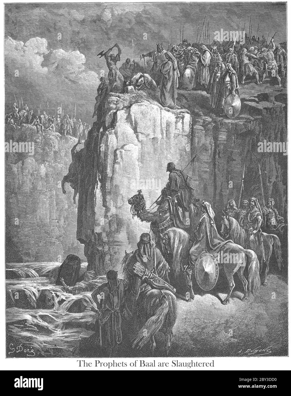 Slaughter of the Prophets of Baal [at The Kishon River] 1 Kings 18:38-40 From the book 'Bible Gallery' Illustrated by Gustave Dore with Memoir of Dore and Descriptive Letter-press by Talbot W. Chambers D.D. Published by Cassell & Company Limited in London and simultaneously by Mame in Tours, France in 1866 Stock Photo