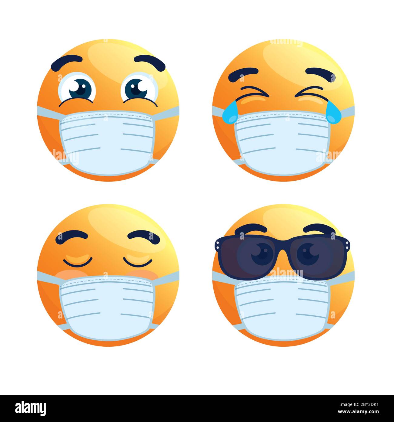 set of emoji wearing medical mask, yellow faces with a white surgical ...