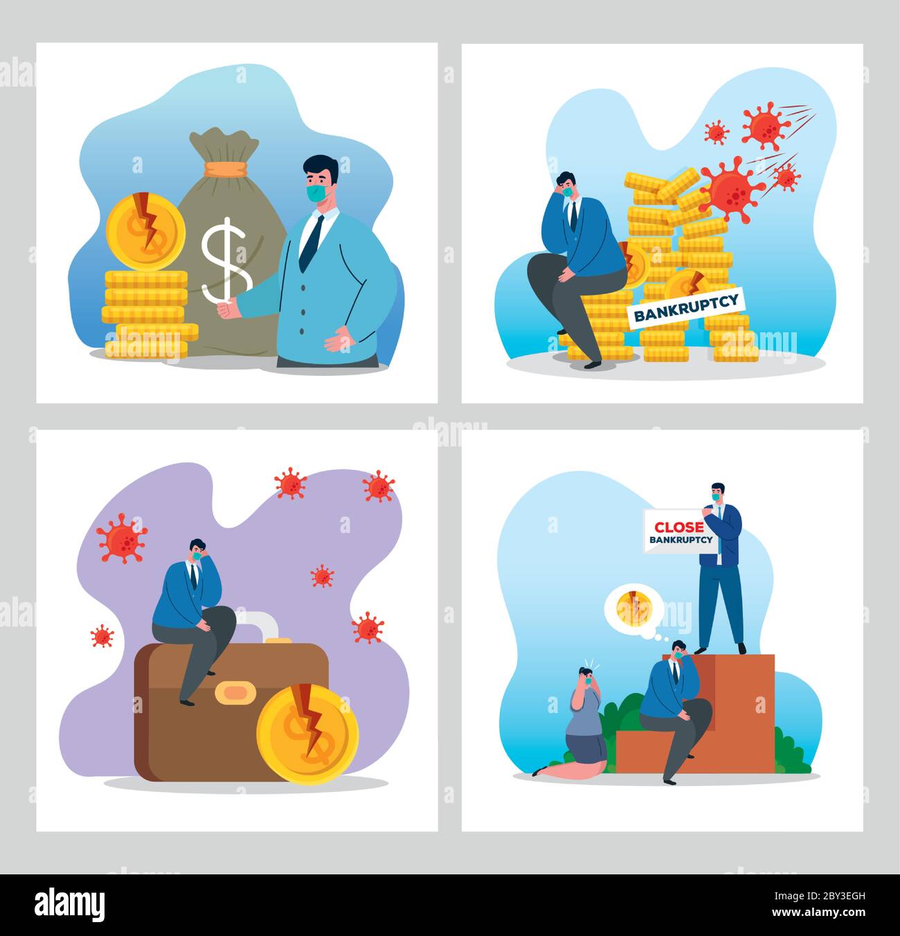 businessmen with masks and money icon set of bankruptcy vector design ...