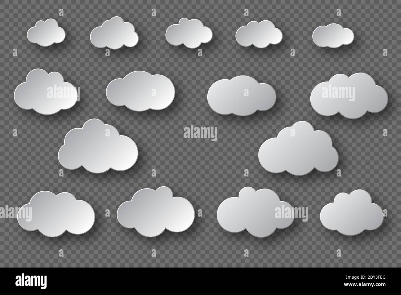Paper cut white clouds collection. 3d effect with shadow. Decorative elements isolated on transparent background, vector illustration. Stock Vector