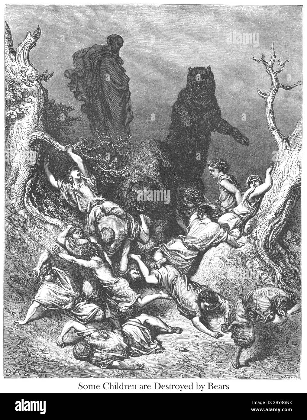 The Children Destroyed by Bears [The bears savaging the youths at Elisha's command] 2 Kings 2:23-24 From the book 'Bible Gallery' Illustrated by Gustave Dore with Memoir of Dore and Descriptive Letter-press by Talbot W. Chambers D.D. Published by Cassell & Company Limited in London and simultaneously by Mame in Tours, France in 1866 Stock Photo