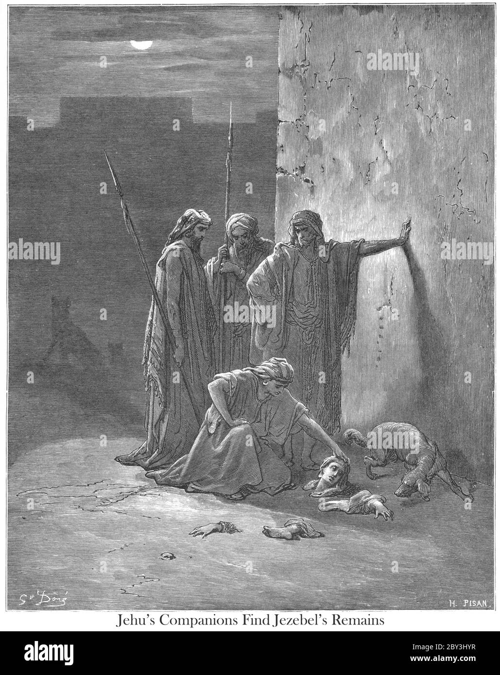 Jehu's Companions Finding the Remains of Jezebel 2 Kings 9:34-35 From the book 'Bible Gallery' Illustrated by Gustave Dore with Memoir of Dore and Descriptive Letter-press by Talbot W. Chambers D.D. Published by Cassell & Company Limited in London and simultaneously by Mame in Tours, France in 1866 Stock Photo