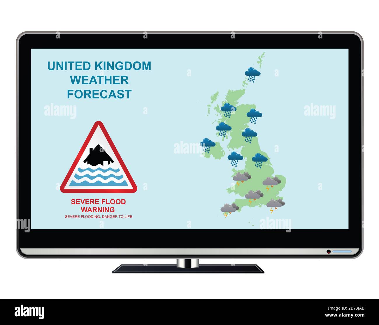 United Kingdom severe flood warning weather forecast with danger to life isolated on white background Stock Photo