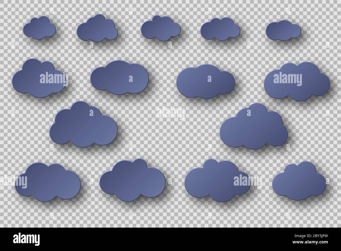 Paper cut blue clouds collection. 3d effect with shadow. Decorative elements isolated on transparent background, vector illustration. Stock Vector
