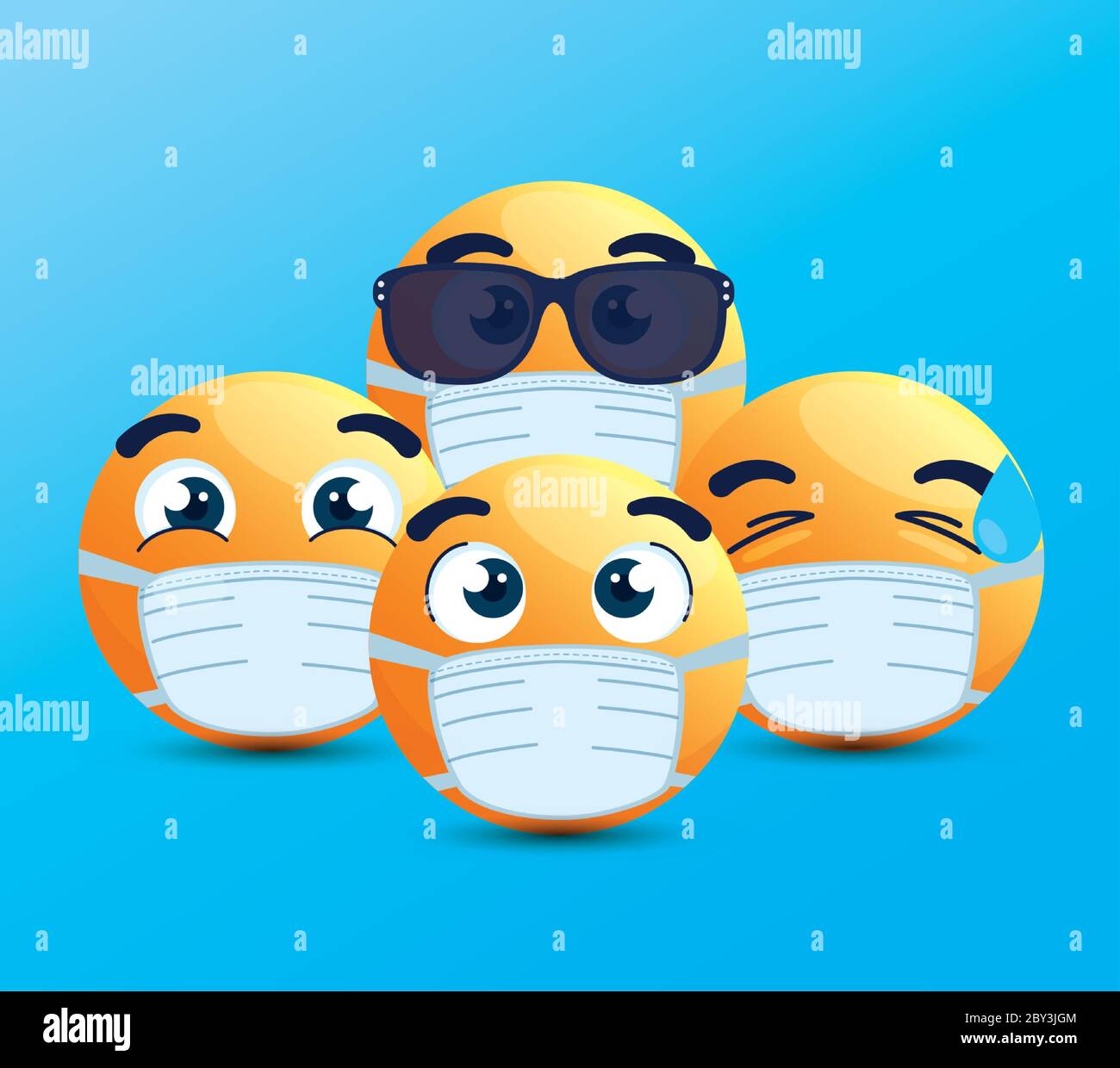 set of emoji wearing medical mask, yellow faces with white surgical