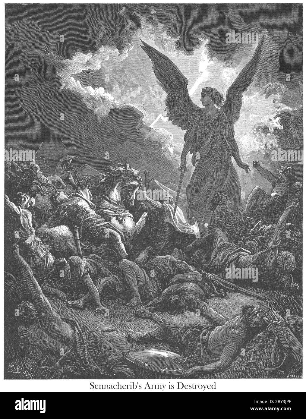 Destruction of the Army of Sennacherib 2 Kings 19:35 From the book 'Bible Gallery' Illustrated by Gustave Dore with Memoir of Dore and Descriptive Letter-press by Talbot W. Chambers D.D. Published by Cassell & Company Limited in London and simultaneously by Mame in Tours, France in 1866 Stock Photo